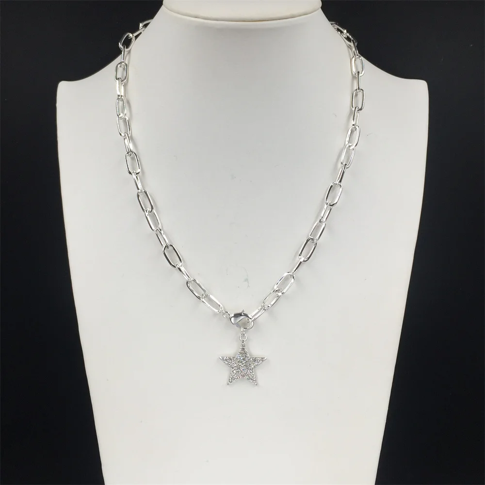 Super Star Gold Color Or Silver Color Clear Stone Decorated Star Charm Necklace For Women Girl Elegant Bohemia Basic Jewelry