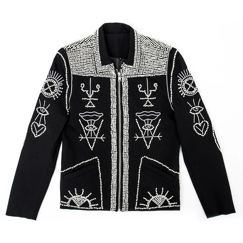 Autumn New Blazer Men Handmade Beaded Rivet Zipper Jacket Korean Personality Embroidery Mens Coat Nightclub Male Singer Costume