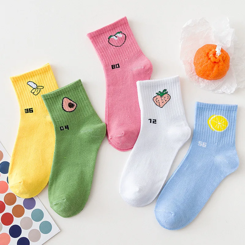 5 Pairs Pack Sports Casual Cotton Woman Socks Cartoon Cute Fruit Cat Printing Socks Japanese Fashion Letters Heart Kawaii Socks