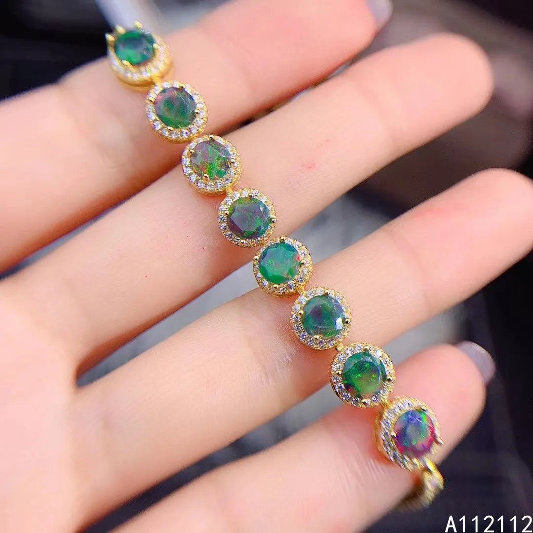 

Fine Jewelry 925 Sterling Silver Inset With Natural Gemstone Women's Popular Classic Round Black Opal Hand Bracelet Support Dete