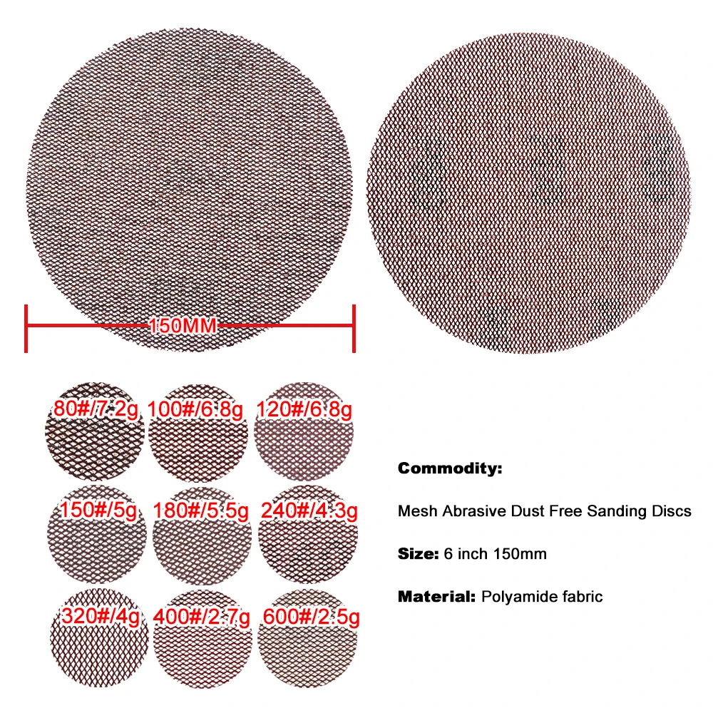 10 sheets Dust Free 6 Inch 150mm Sanding Discs Mesh Cloth Abrasive Disc Anti-blocking Dry Grinding Sandpaper 80 to 240 Grit