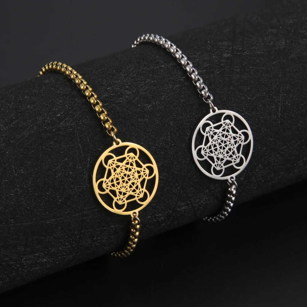 Arcangel Metatron cubo hueco pulsera de acero inoxidable mujer amuleto retro hombre amuleto religioso cera cuerda pulsera joyas