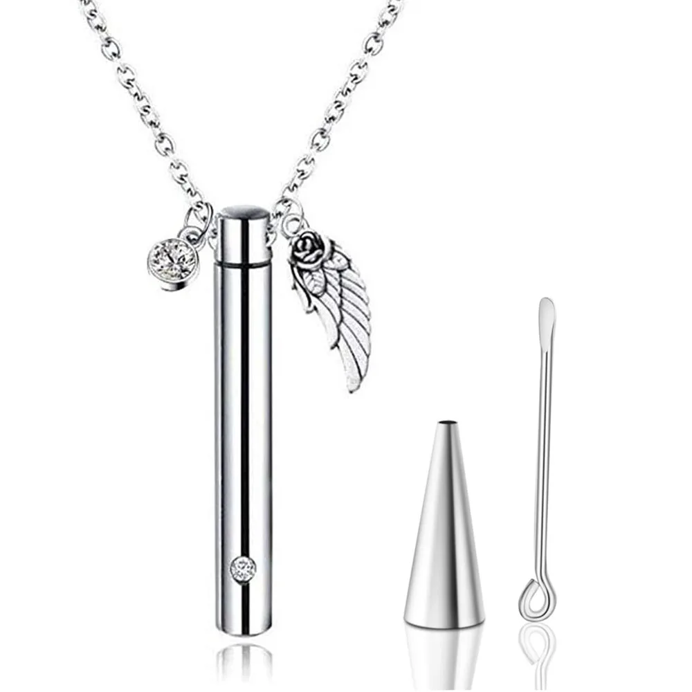 Stainless Steel Cylinder Jewelry Urn Holder Pendant With Birthstone and  Wing Charm Cremation Memorial Necklace