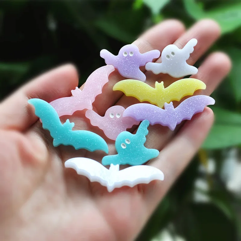 20Pcs Glitter Resin Cabochons  Flatback Cartoon Bat  Ghost Charms  for Pendants Earrings Diy Keychain Parts