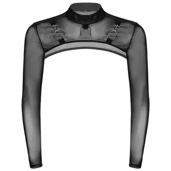 メンズ長袖ラウンドネックTシャツ,風通しの良い装飾が施されたセクシーなトップス,通気性のあるメッシュ,半透明,パンク,肩をすくめる