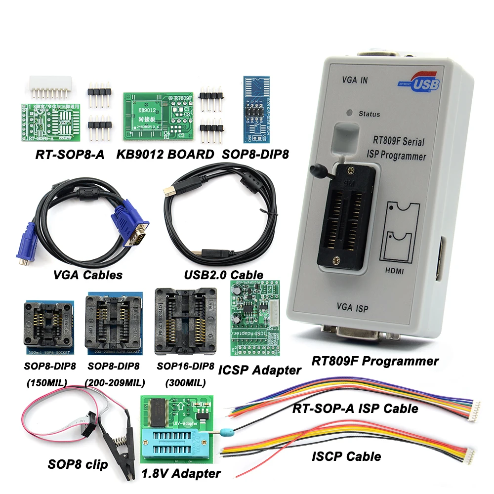 RT809F Serieller ISP-Programmierer mit 11 Adaptern + 1,8 V SOP8-Testclip + EDID-Kabel, intelligenter tragbarer Programmierrechner