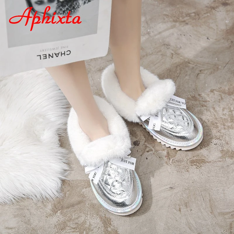 APHIXTA Plush Warm Silver Winter Snow Women Boots Shoes Platform Flat Heel Bling Crystals Bow Waterproof Fur Round Head Shoes