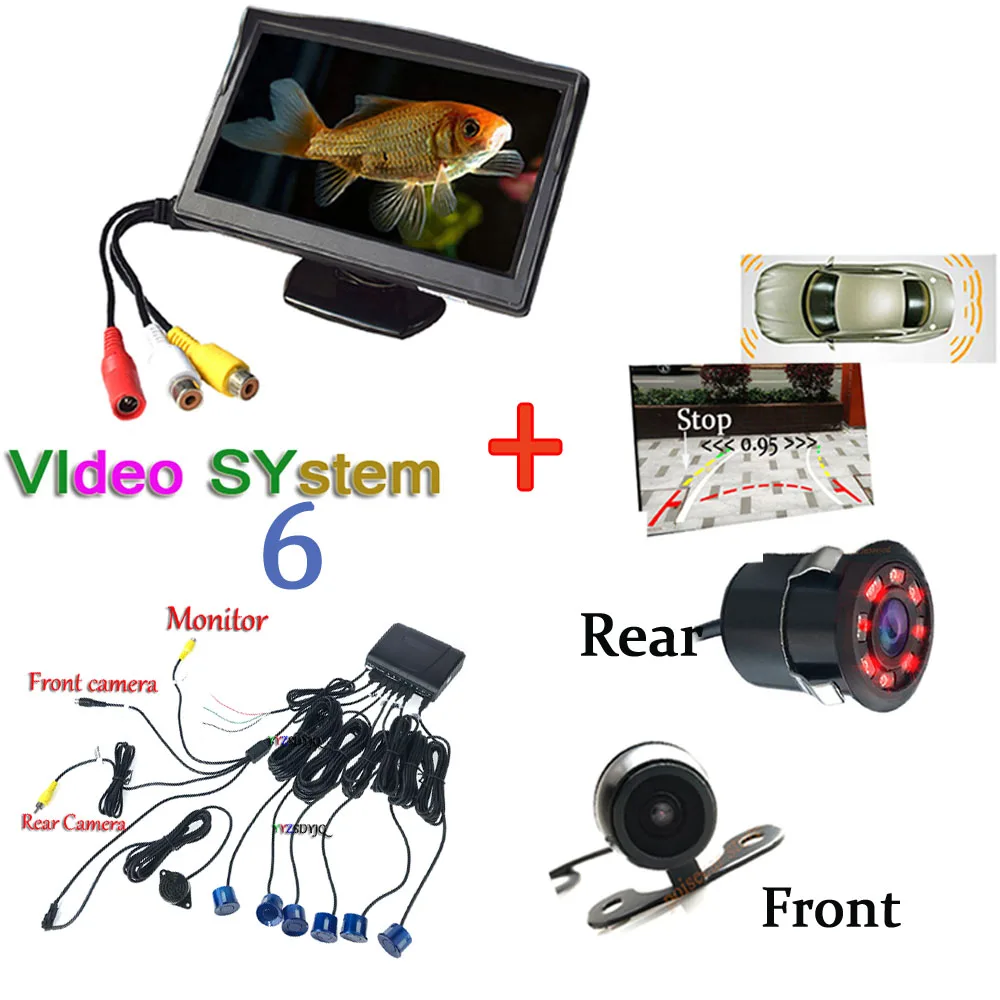 Visible Car Parking Sensor 6 Digital Alarm CCD HD Video System Car Monitor With Blind Reversing Camera Front Camera Kit