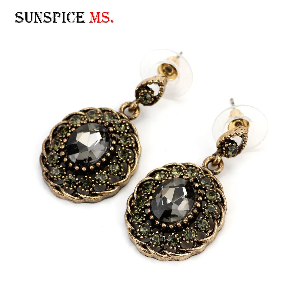 Sunspicems Vintage Dangle Earring Round Gray Crystal Turkish Design Ethnic Female Wedding Jewelry Antique Gold Color Love Gift