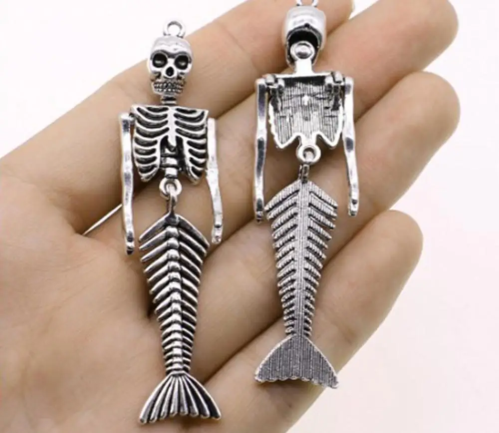

3pcs/lot--72x18mm Antique Silver Plated Mermaid Skeleton Charm Halloween Pendants For DIY Earring Supplies Jewelry Accessories