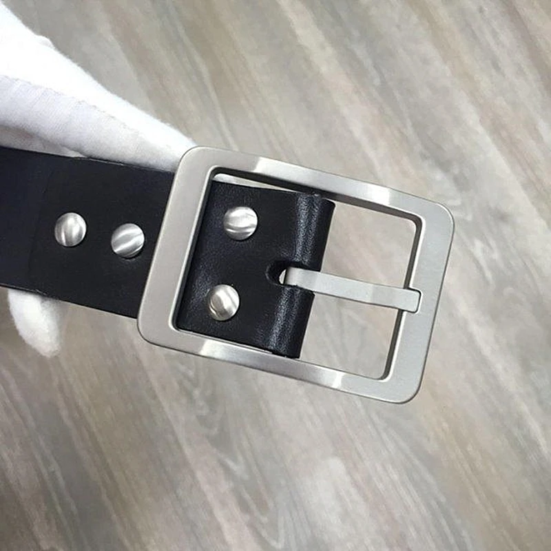 Solid Titanium Belt Buckle 3.8 Cm with Real Black Leather Strap And 4pcs Pure Titanium Screws for Men\'s Fashion Accessory
