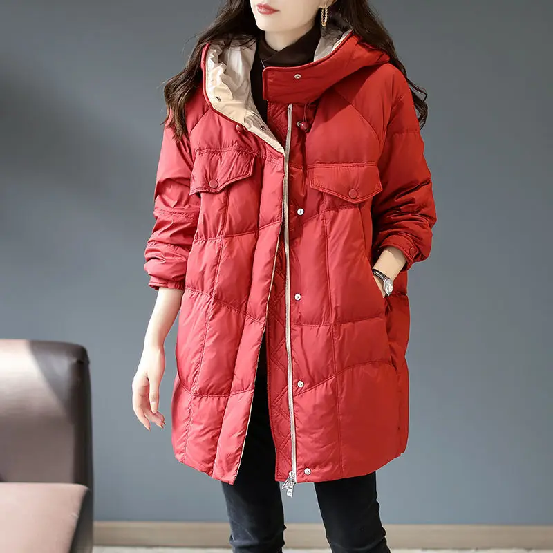 White Duck Down Thick Hooded Mid-length Down Jacket Women 2021 Winter New Korean Loose Warm Coat Jacket Women Li1025