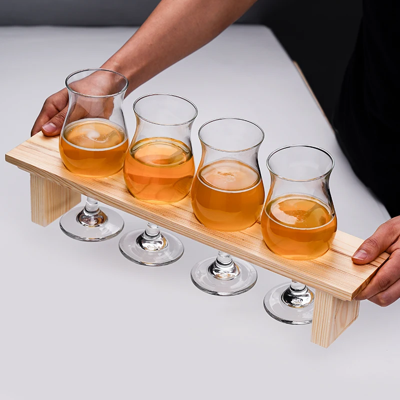 Internet Celebrity Pub Tulip Craft Brew Beer Glass 3 or 4 Pieces Set With Wood Tumbler Holder Steins Pilsner Glasses Cup For Bar