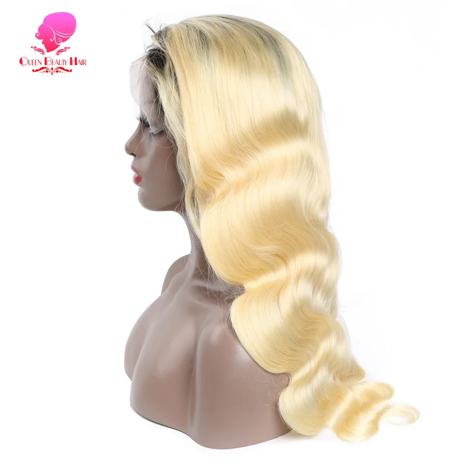 13x6 Full Lace Frontal Perücke aus Echthaar, 1B 613 Ombre Blonde Perücke mit dunklen Ansätzen, peruanische Body Wave Lace Front Echthaarperücken für Frauen – Detail 13