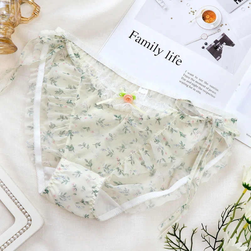 Female Hollow Out Transparent Panties Summer Quick-drying Ultra-thin Mesh Briefs Sexy Print Strap Underwear Large Size Lingeri