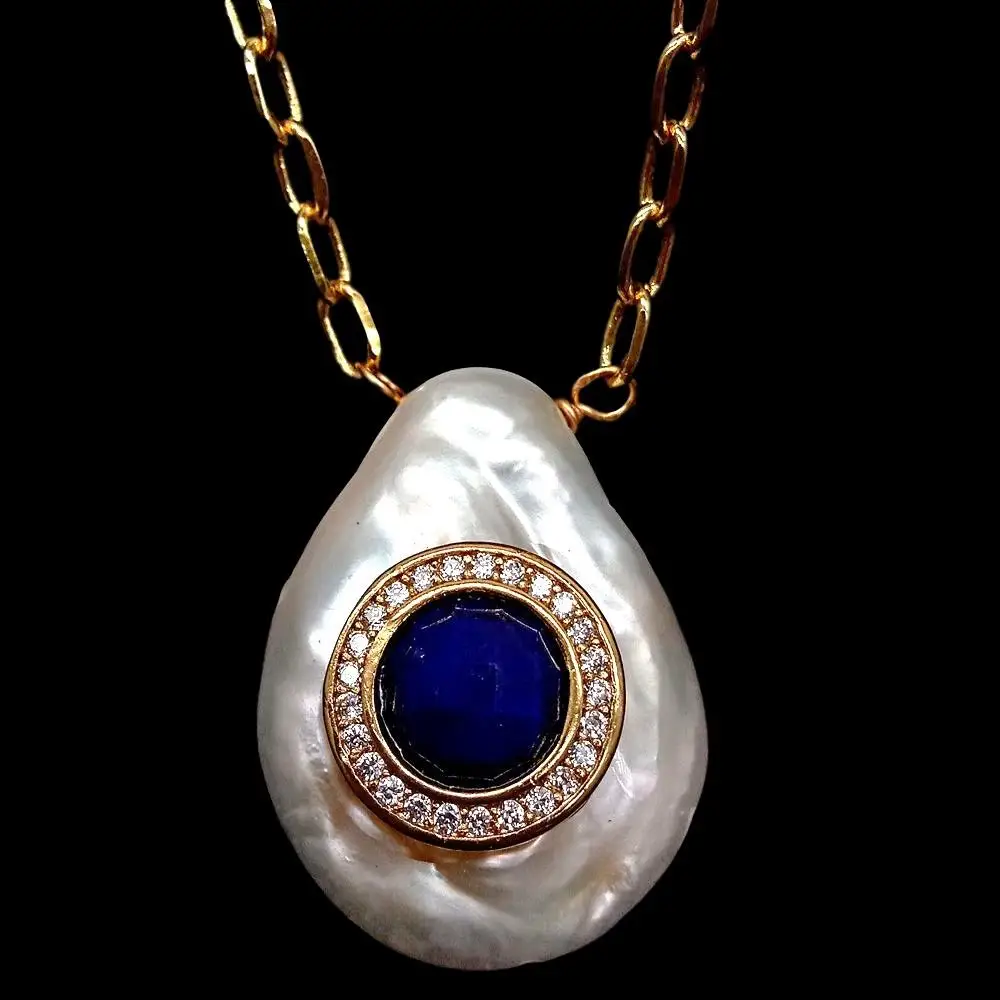 Kkgem الطبيعي مثقف 21x28 مللي متر الأبيض عملة المياه العذبة اللؤلؤ تشيكوسلوفاكيا تمهيد الأزرق اللازورد الذهب اللون مطلي حلية سلسلة قلادة 17"