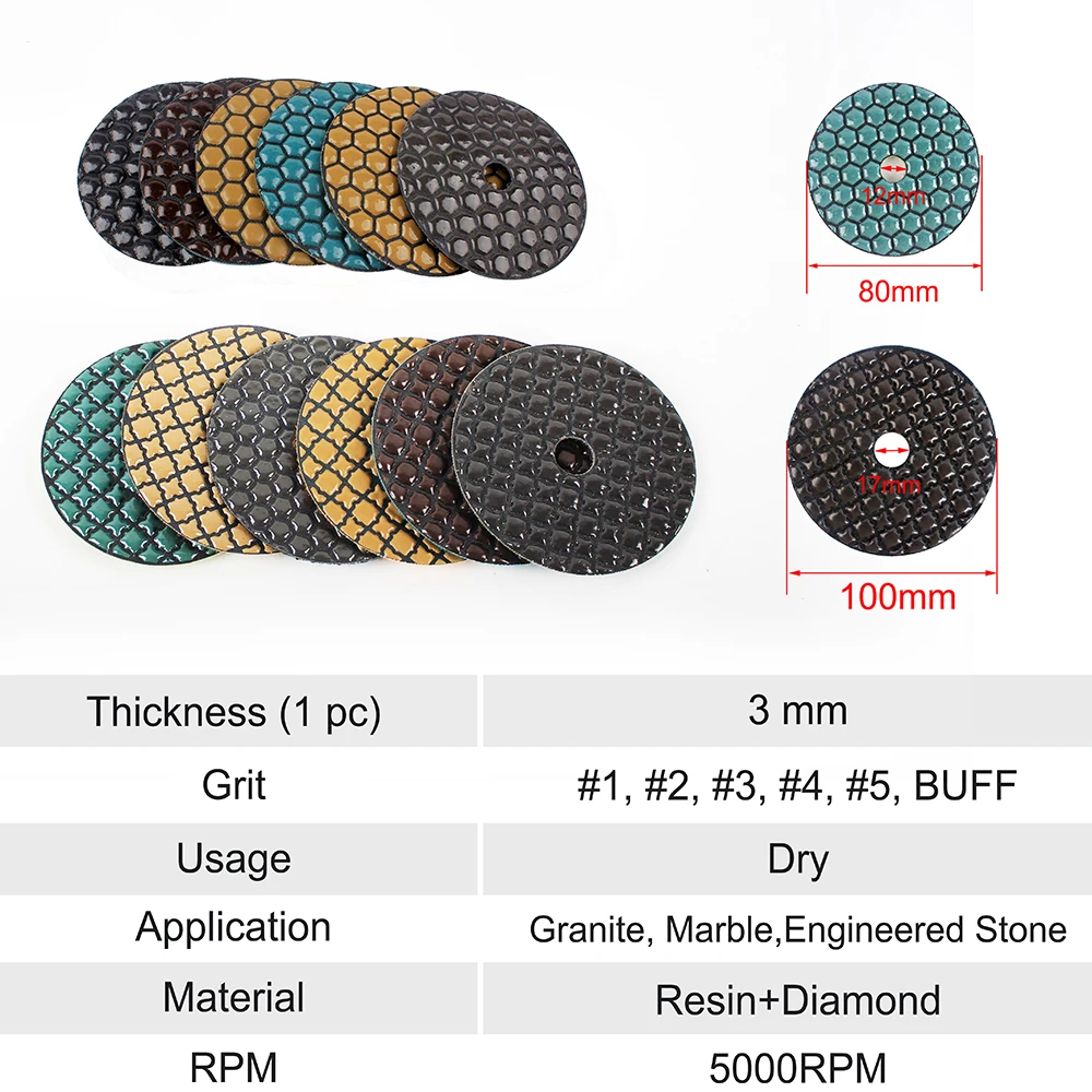 Raizi 5 step Diamond Polishing Pads 6 pcs/set Dry Use for Granite Marble Engineered Stone 80/100 mm Grinding Sanding Disc