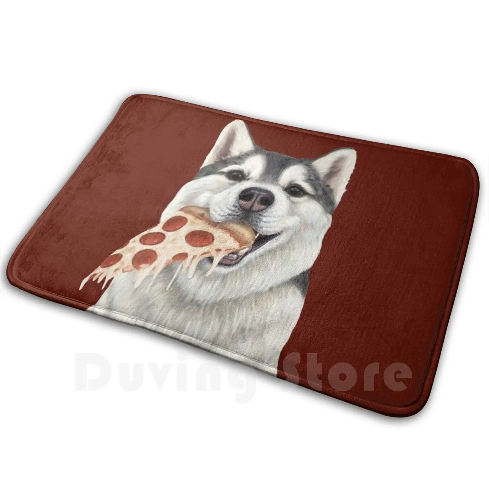 Husky Eating Pizza-Dog With A Slice Of Pizza Mat Rug Carpet Anti-Slip Floor Mats Bedroom Husky Siberian Husky Sled Dog Dog