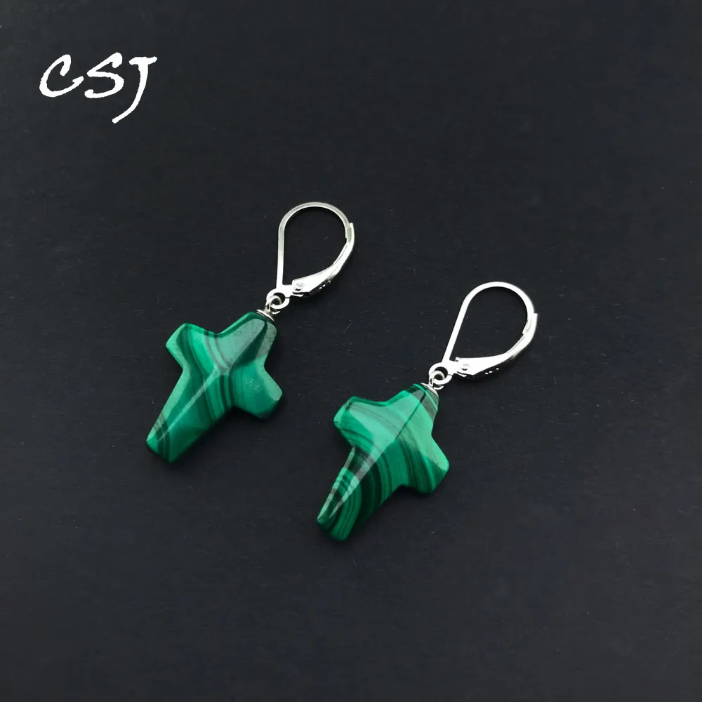 

CSJ Natural Green Malachite Drop Earrings Sterling 925 Silver Fine Jewelry for Women Lady Party Birthday Gift Box