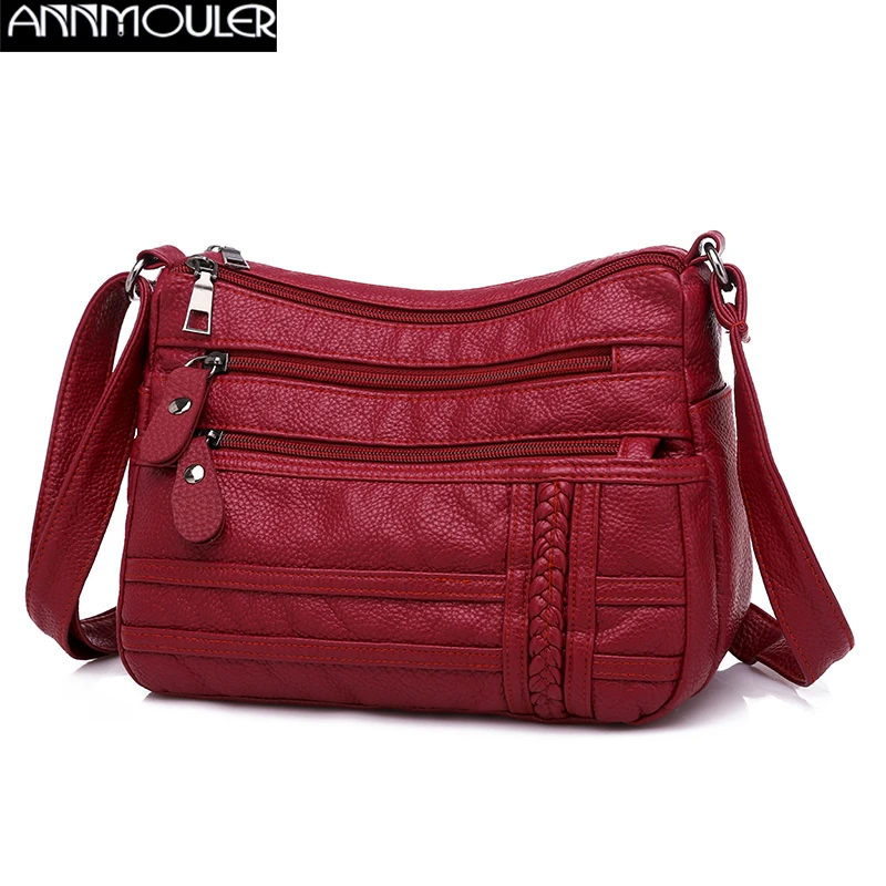 Annmouler moda damska torba Pu miękka skórzana torba na ramię wielowarstwowa torba Crossbody jakość woreczek marki czerwona torebka torebki