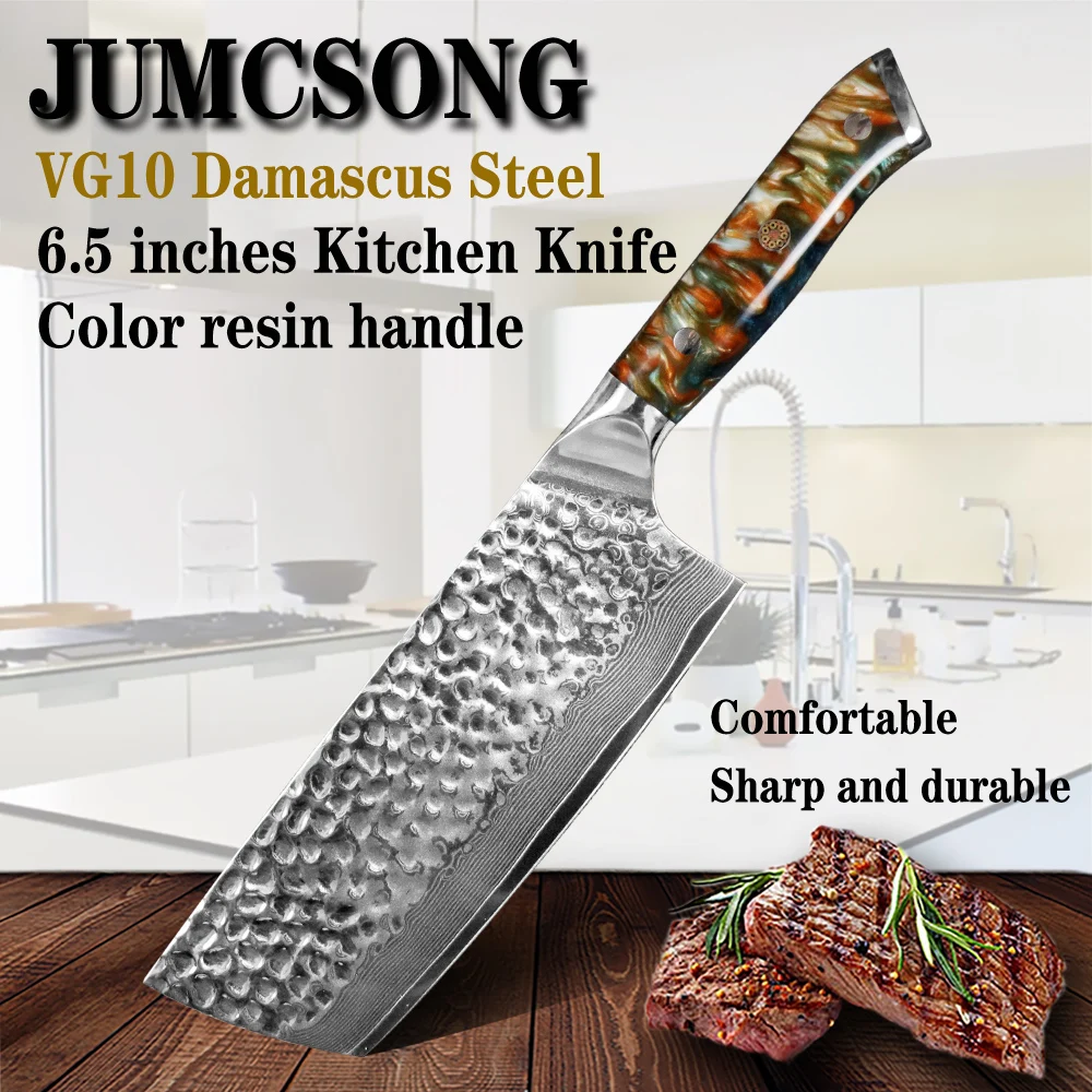 

JUMCSONG New VG10 Core Color Resin Handle 67 Layers Damascus Steel Kitchen Knife Sharp Meat Cleaver Chef EDC Tool