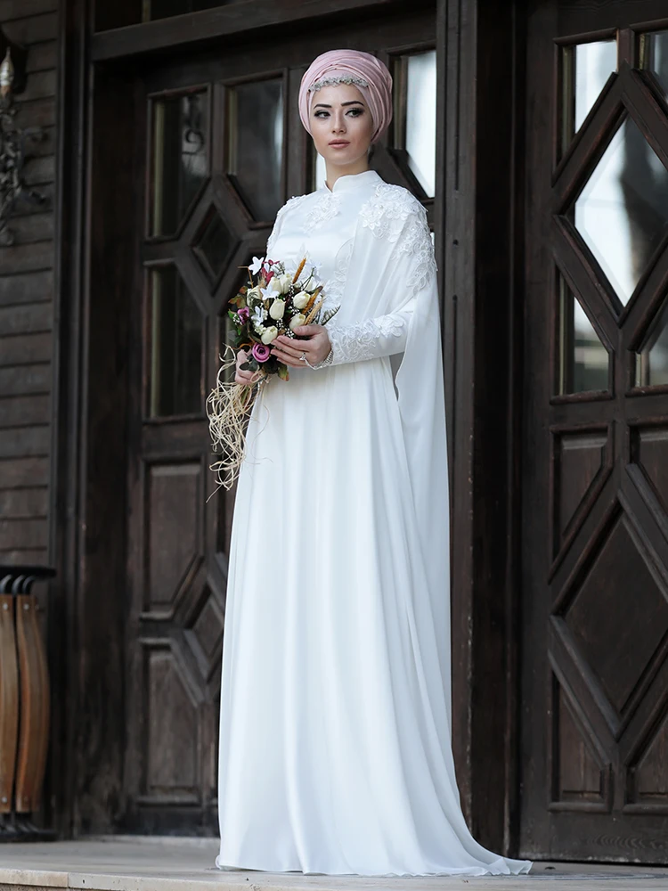 Vestido de baile branco a linha até o chão mangas compridas alta pescoço apliques lantejoulas com envoltórios vestido de noite robe de soirée de mariage