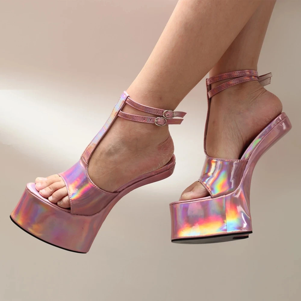 Novel High Heel Sandals 18CM Horse Heelless Hoof Heels Platform Holographic Color Women Party Night club Shoes
