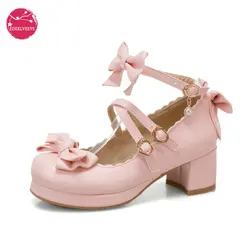 Sweet Bow Buckle Strap Mary Jane Shoes Woman Solid Color High Heel Platform Pumps Women Pink Lolita Ladies Colsplay Party Shoes