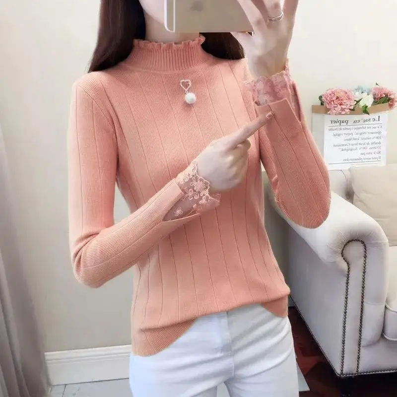 NEW Autumn Women Half Turtleneck Sweater Fashion Lace Stitching Long-Sleeved Knit Sweater Pullover Winter Warm Female Bottoming