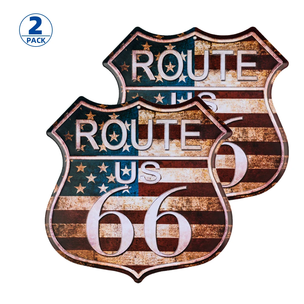 DL-2-Pack Route 66 Signs Vintage Road Signs with Polygon Metal Tin Sign for Wall Decor Art 11 x 11 inch