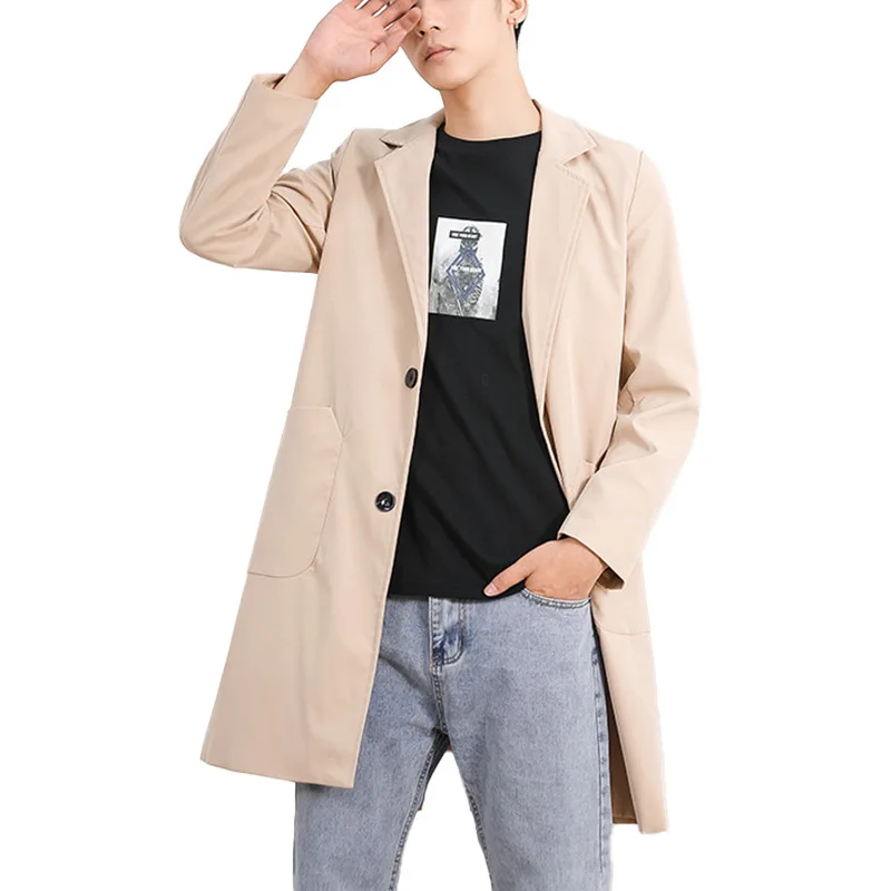 Fy07 casual men trench japão estilo fino single-breasted simples mid-length moda diário bonito solto juventude masculino blusão