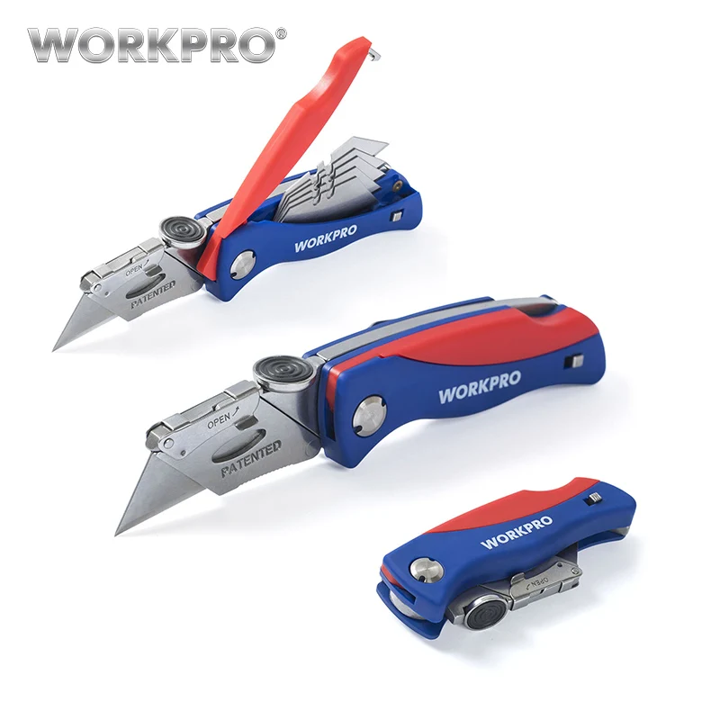 WORKPRO Electrician Folding Knife Pipe Cable Cutter Safety Knife for Security Plastic Handle Knife with 5PC blades