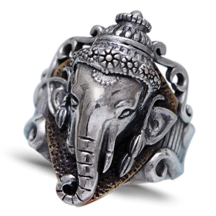 925sterlingsilverretro Thai silver wide-faced elephant head god men\'s style over the weather nose god elephant index finger ring