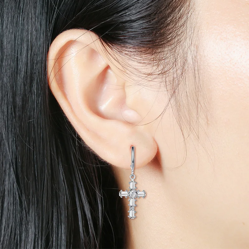 Crystals Cross Earring With Rhinestones Women Earrings Satan  Sterling Silver 925 Shiny Zircon Medium Dangling Korea E-girl