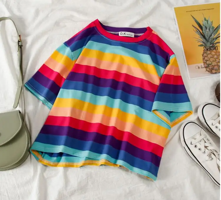 New Summer casual tshirt rainbow striped short sleeve  women t-shirt tops Harajuku Korean Style Girls female Tees