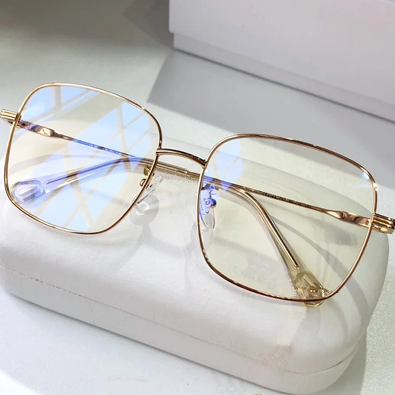 Fashion Lightweight Women Big Square Frame Anti-Bluelight Plano Glasses 56-18-140 Quality Metal Fullirm for Prescription