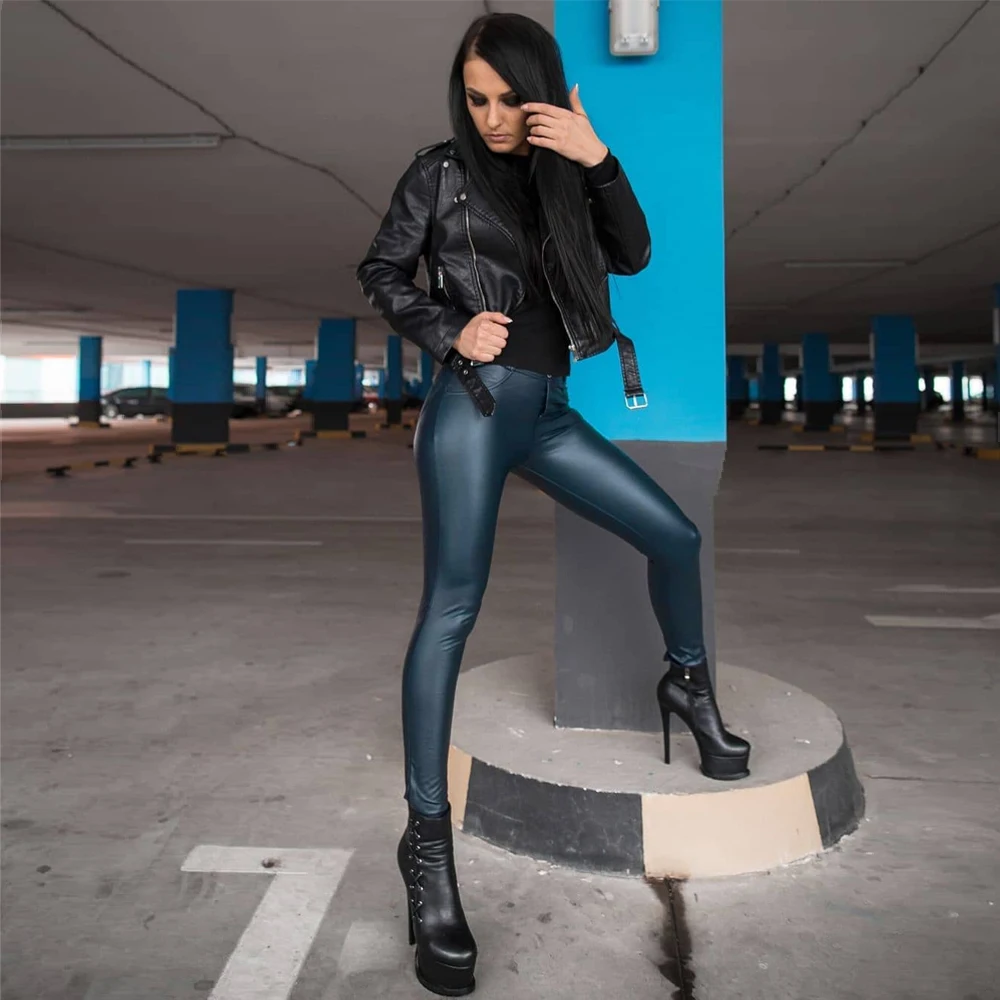 Shascullfites Mid Waist Tight Leather Pants Women Soft Leather Look Blue Pants Female Trousers Street Wear Girls Sports Leggings