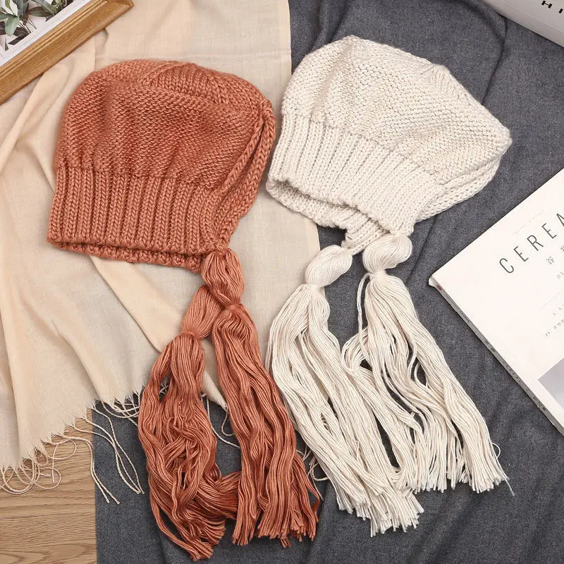 Knitted Cap Hat Winter Autumn Spring Fashion Warm Matching Female Colorful Cute Ear Protection Personality Braid Loose Tassel