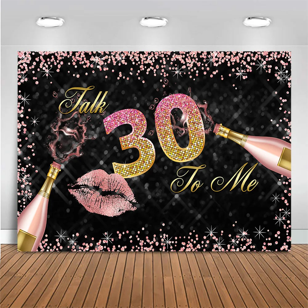 

Mocsicka 30th Birthday Photography Backdrop Champagne Pink Lips Glitter Birthday Party Decoration Background for Photo Studio