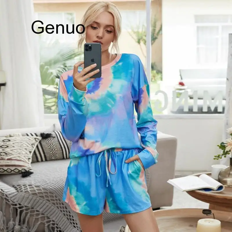 2020 Camouflage Print Two Piece Homesuit Tie-dye Long Sleeve Top And Shorts Matching Sets Summer Lounge Wear Set Femme Outfit