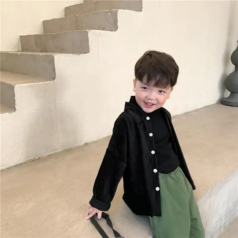 Fashion Boys Spring Autumn Corduroy 2Piece Clothes Suits 3-8Yrs Black Brown Grey Color Korean Suits Clothes 2 Pcs Set Shirt