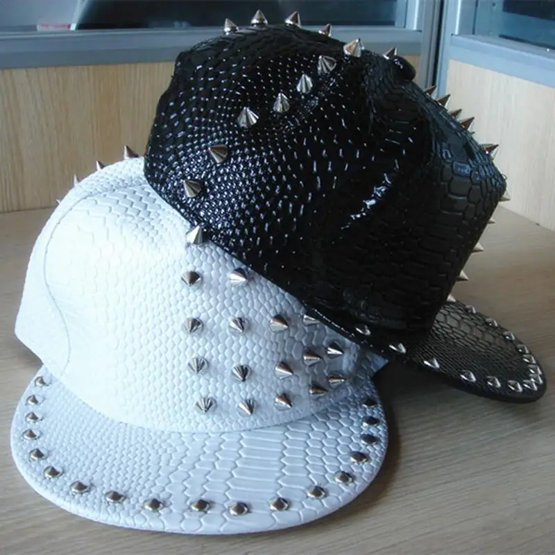 Men Women Novel Rivet Snakeskin Leather Punk SunShade Baseball Cap Sport Sunscreen Hip Hop Dance Adjustable Hat U12