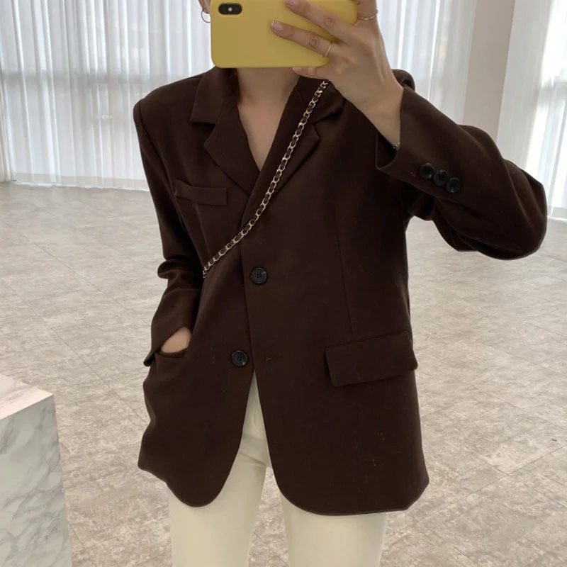 Temperament Mode Apricot Blazer Frauen Herbst 2021 Neue Kerb Lose Einreiher Langarm Anzug Jacke U224