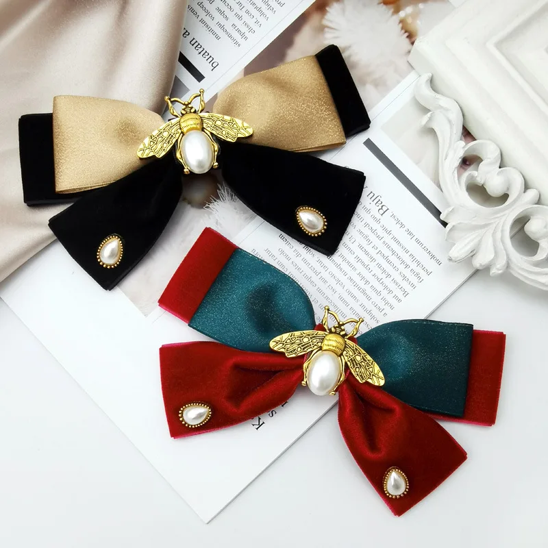 Retro Stoff Samt Bogen Haarnadel Perle Biene Haarspangen für Frauen Weibliche Frühling Clip Headwear Grips Koreanische Haar Zubehör – Detail 1