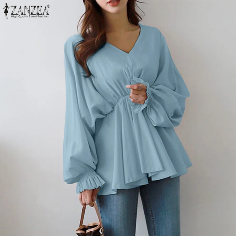 Women High Waist OL Blouses Fashion Puff Sleeve Shirts ZANZEA 2023 Casual V Neck Ruffle Blusas Female Solid Tunic