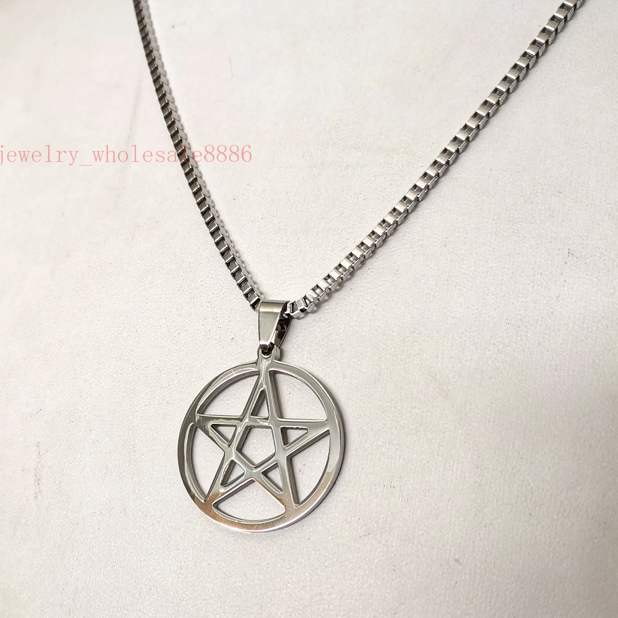 Men Pagan Wicca Inverted Star Pentagram Stainless Steel Pendant Necklace box Chain 2.4mm 24\'\'