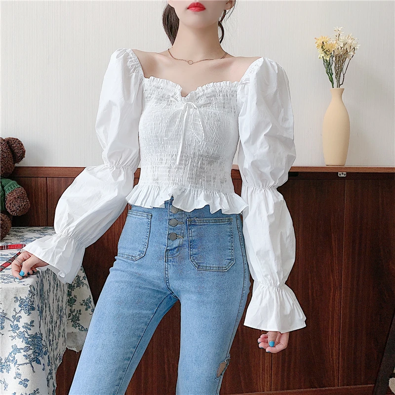 

Women Square Neck Ruffles Blouses Pleated Stitching Shirt Long Puff Sleeve Pullover Tops Lady French Palace Lolita Vintage Blusa