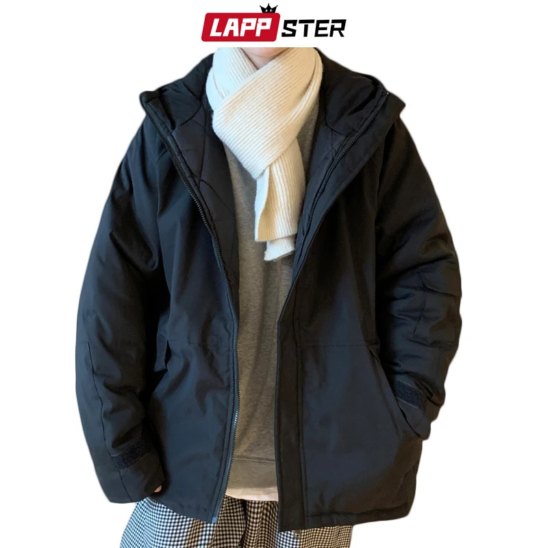 LAPPSTER-Chaqueta de plumas Vintage para hombre, ropa de calle japonesa, parka con capucha, moda coreana, color sólido, Harajuku, invierno, 2023