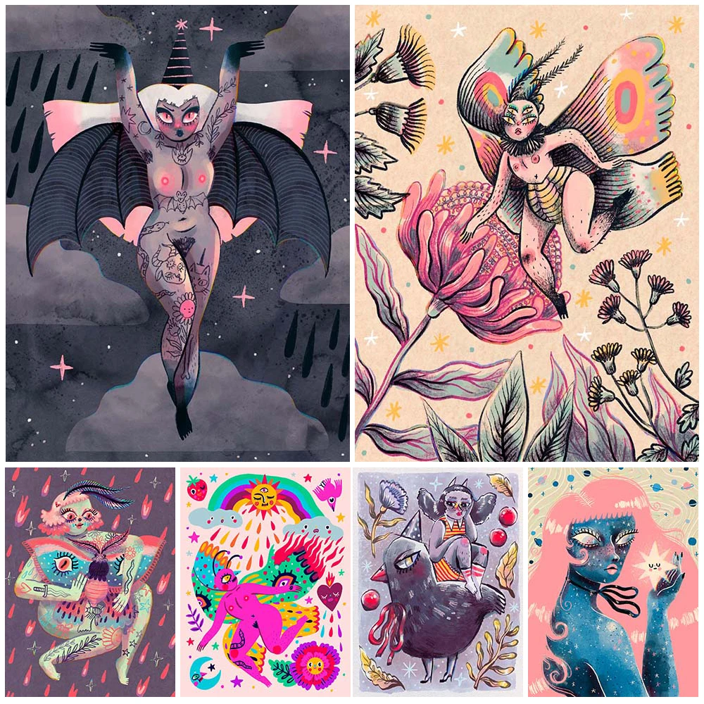 Cute Demon Black Magic And Bat Little Witch Art Prints Moth Spirit Rainbow Magic Poster And Prints Home Decoration Wall Art