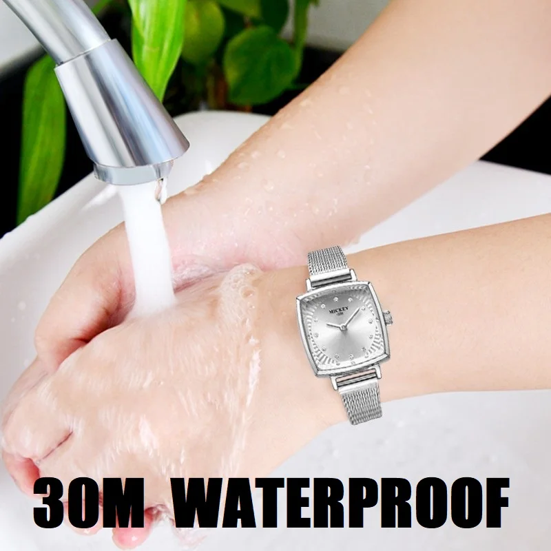 Disney Women Tonneau Dial Japan Quartz Wristwatch Rhinstone Scale Micky Mouse Cartoon Lady Youth Girl Female Lovely Dress Clock